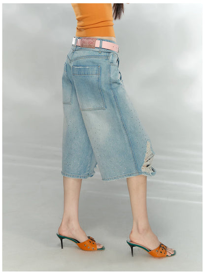 Crystal Distressed Cropped Straight-Leg Denim Jeans
