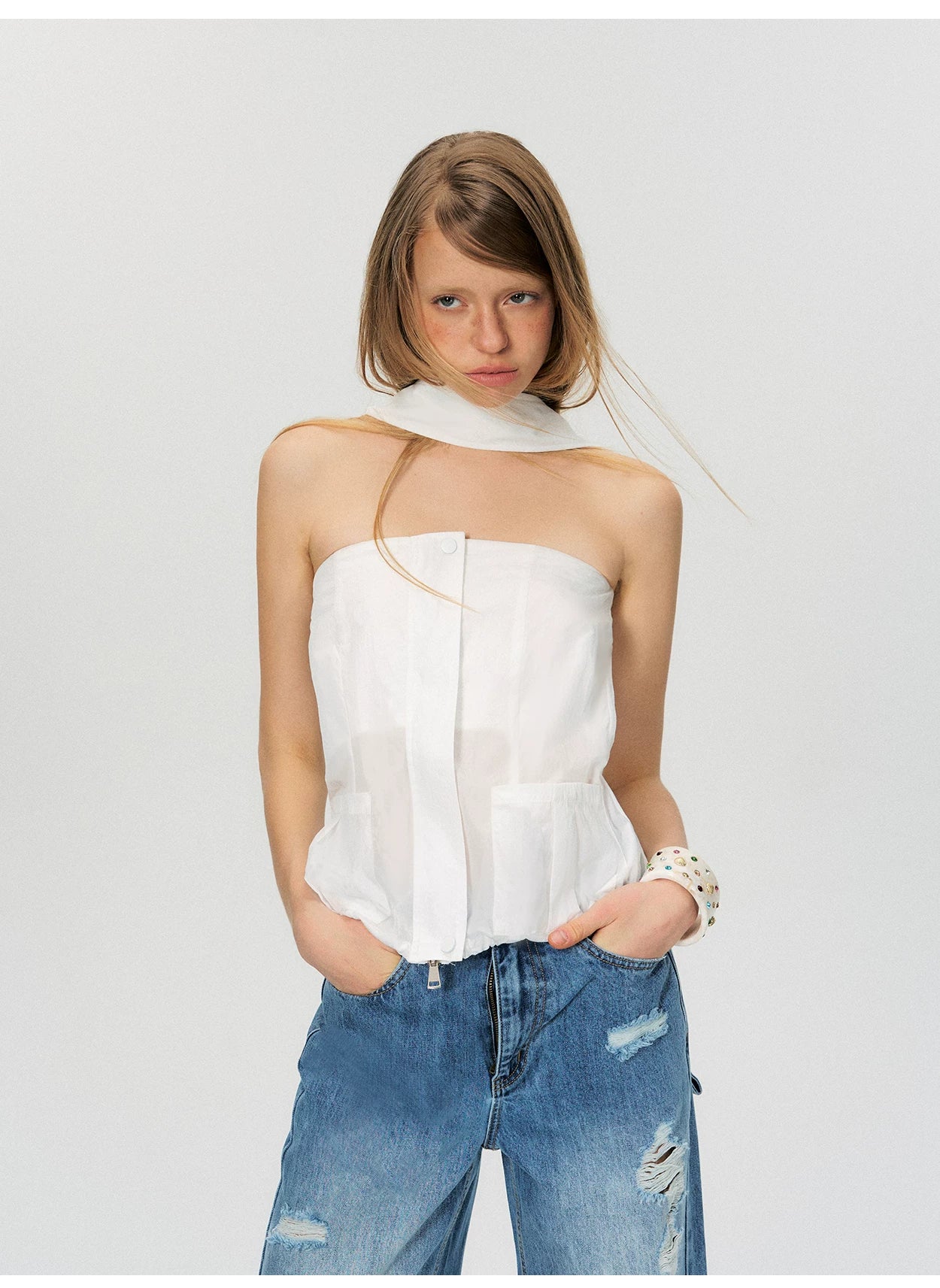 Sheer Utility-Inspired Strapless Peplum Top