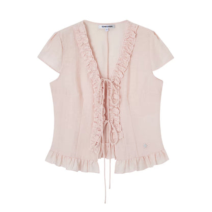 Soft Ruffle Trim V-Neck Cropped Blouse