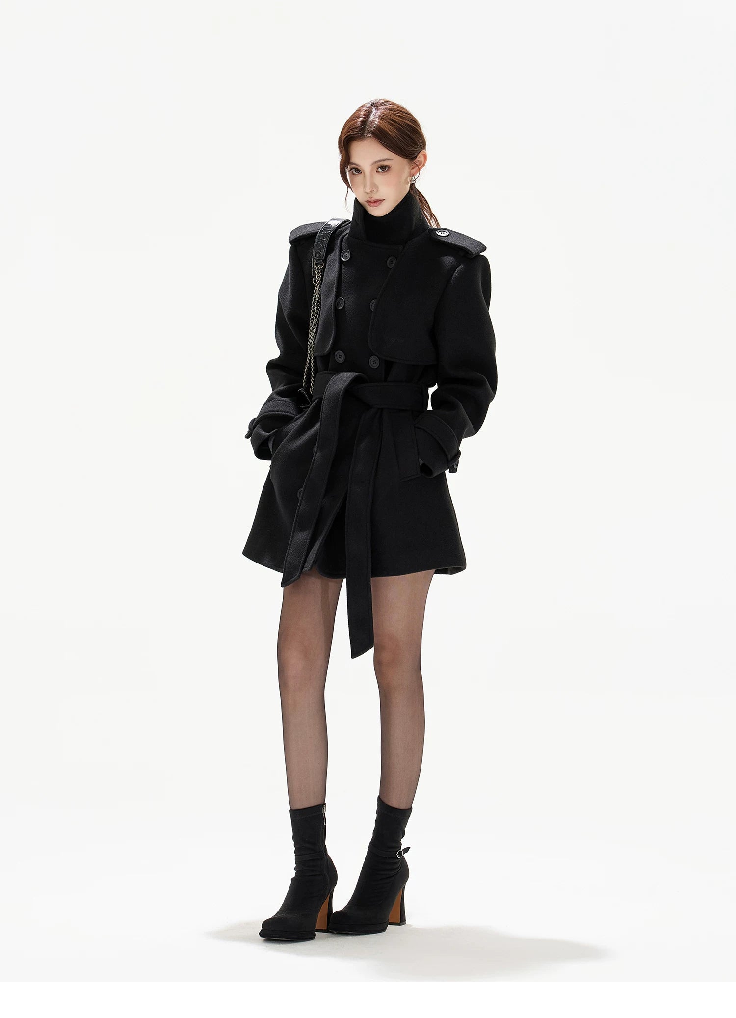 Belted Collar Mid-Length Wool-Feel Jacket