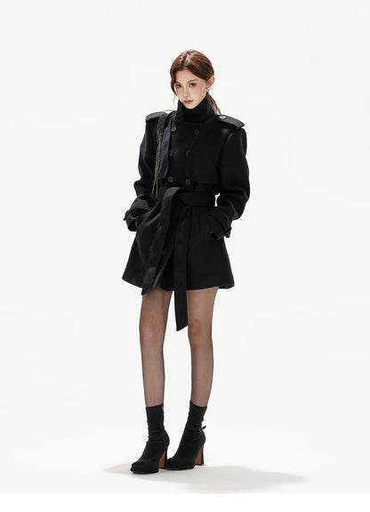 Belted Collar Mid-Length Wool-Feel Jacket