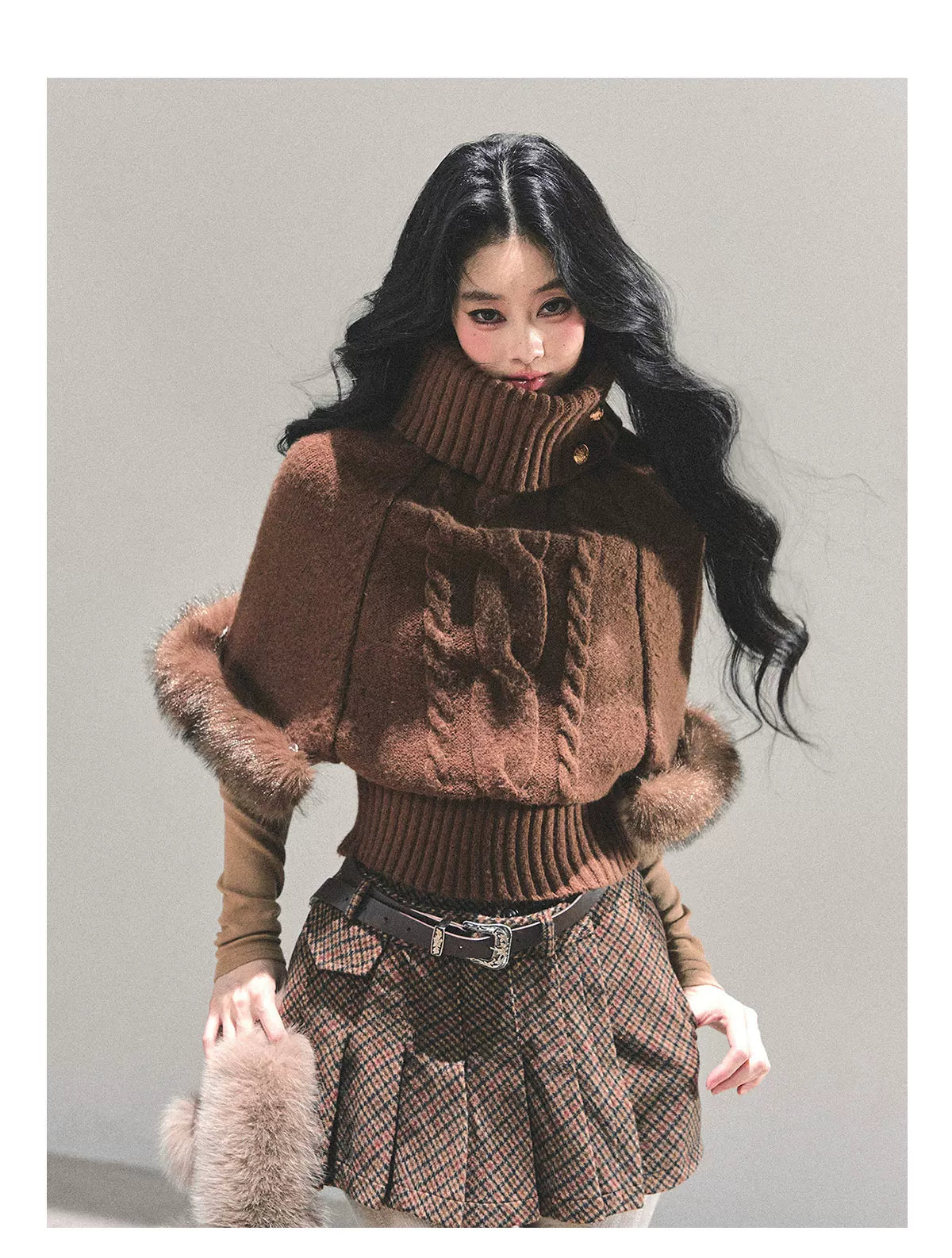 High-Neck Cable Knit Sweater