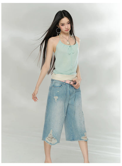 Crystal Distressed Cropped Straight-Leg Denim Jeans