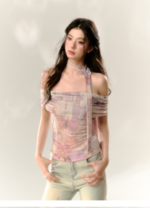 Purple Butterfly & Pink Butterfly Mesh One-shoulder T-shirt - CHINASQUAD