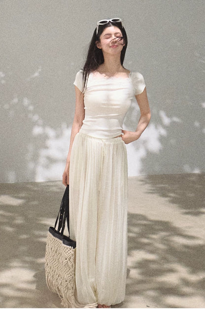 Bohemian Lace-Trim Off-Shoulder Fitted T-Shirt