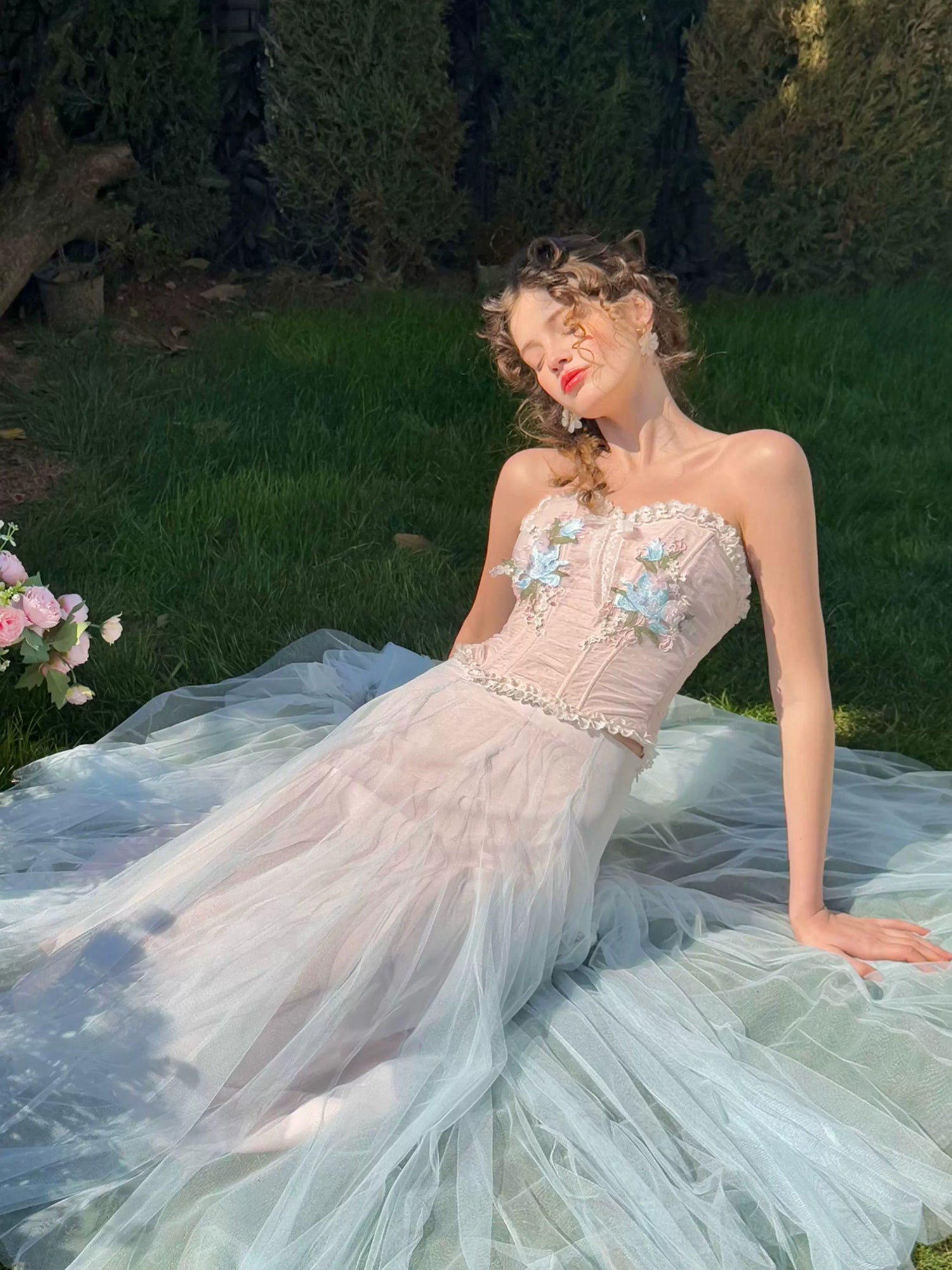 Blue Lily Strapless Corset Top &amp; Mesh Skirt Set