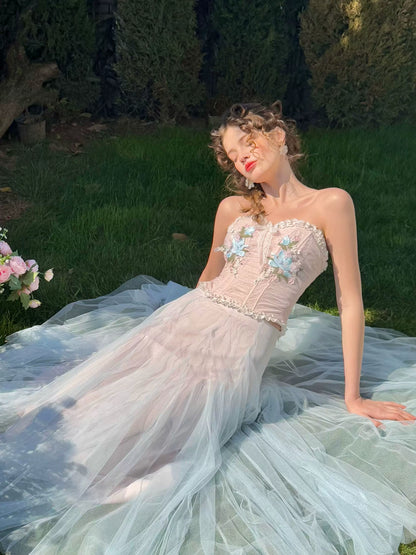 Blue Lily Strapless Corset Top &amp; Mesh Skirt Set