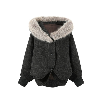 Fur Collar Wool-Blend Batwing Cape
