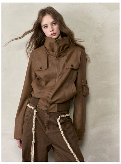 Vintage Contrast Lapel PU Leather Jacket
