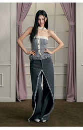 Gray Lace Panel Wide-Leg Pants - CHINASQUAD