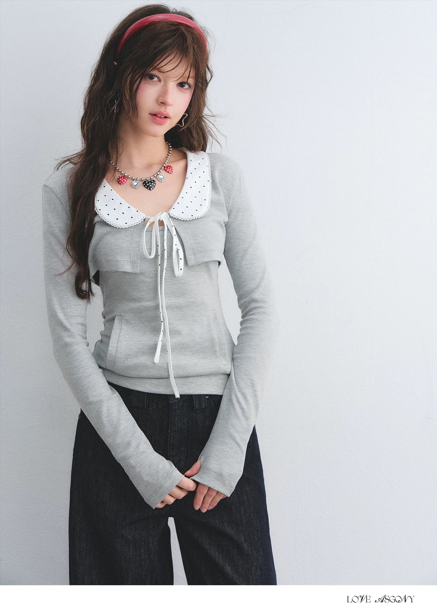 Polka Dot Lace Collar Long Sleeve Cardigan &amp; Cami Two-Piece Set