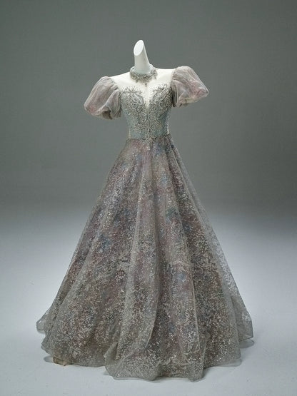 Light Drift Floral Tulle Gown with Puff Sleeves