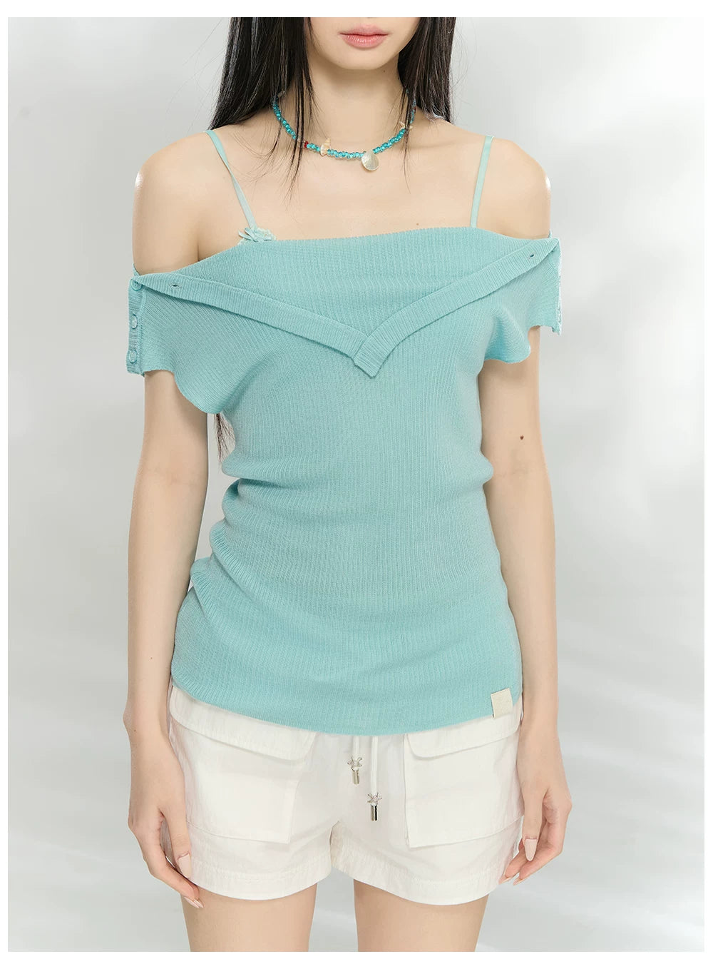 Folded Off-Shoulder Knit T-Shirt