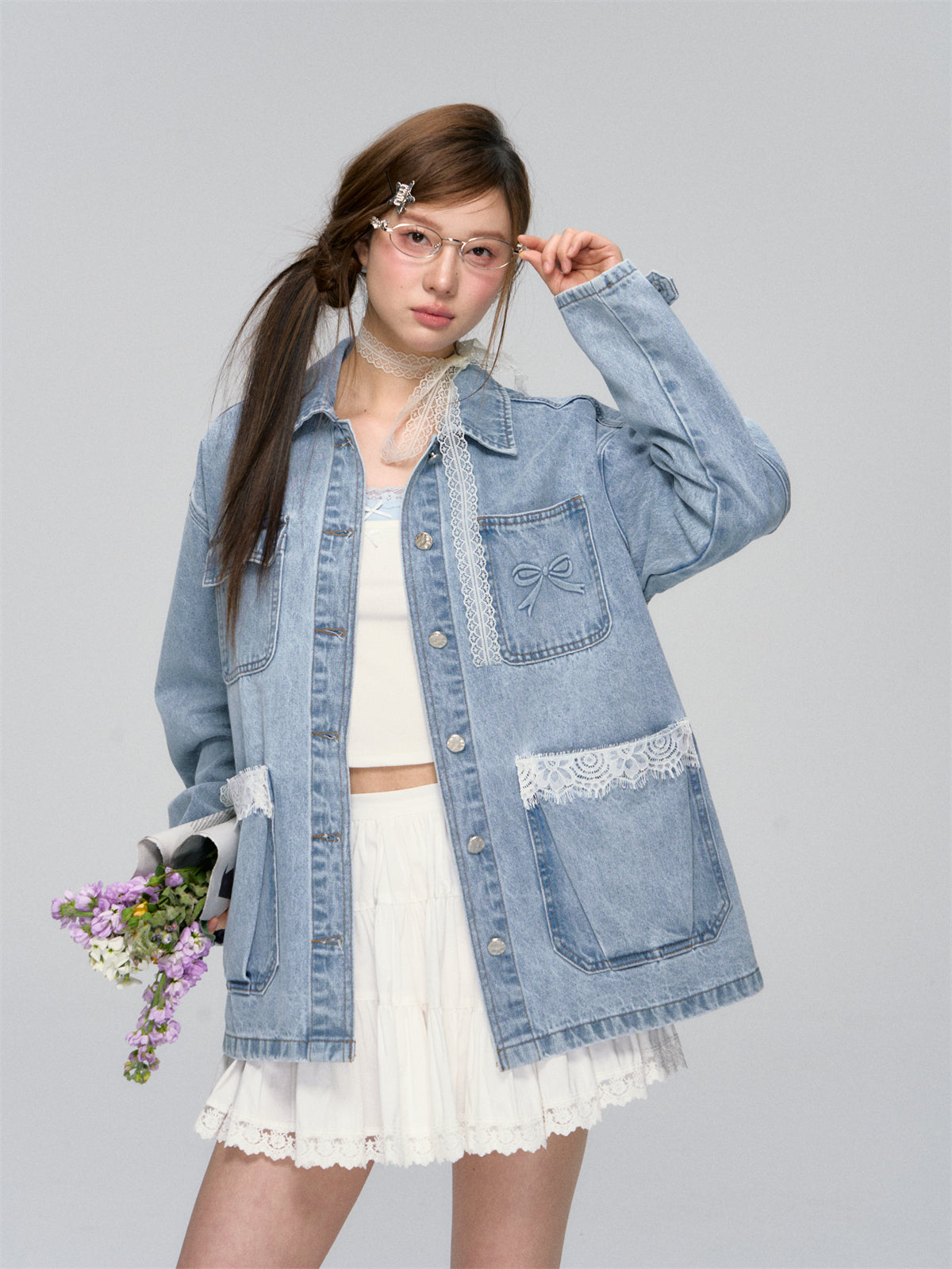 Lace-Patchwork Utility Pocket Denim Jacket