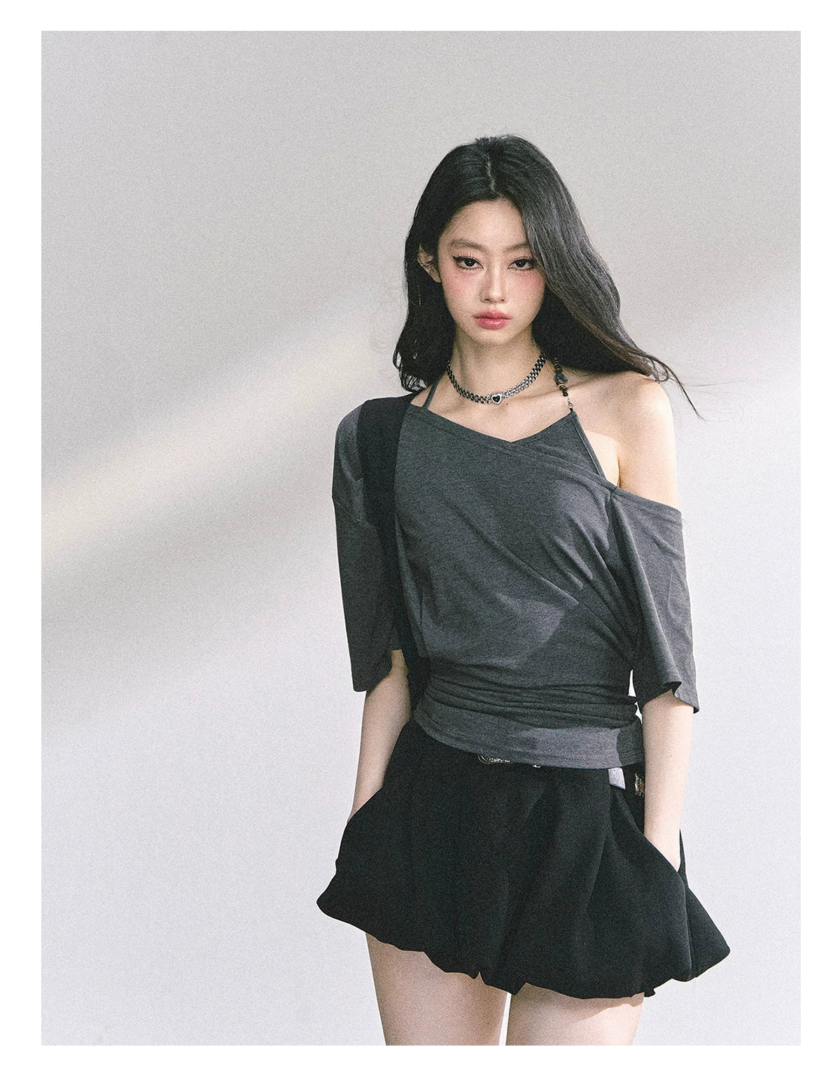 Asymmetric Short-Sleeve Halter Crop T-Shirt