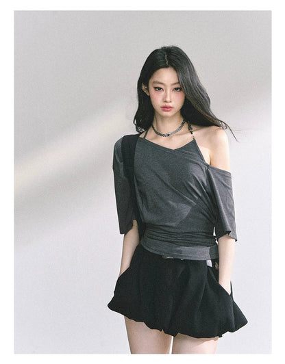 Asymmetric Short-Sleeve Halter Crop T-Shirt