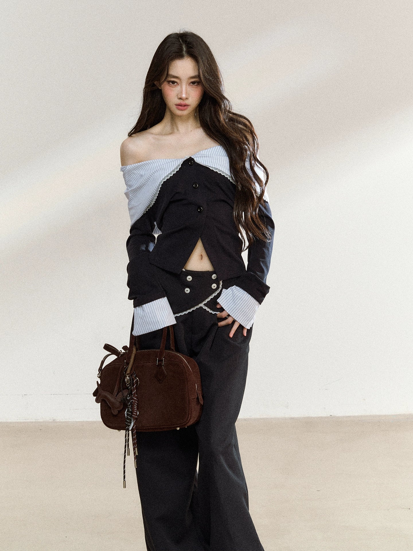 Off-Shoulder Striped Lapel Blouse &amp; Pants Set