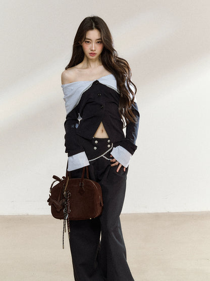 Off-Shoulder Striped Lapel Blouse &amp; Pants Set
