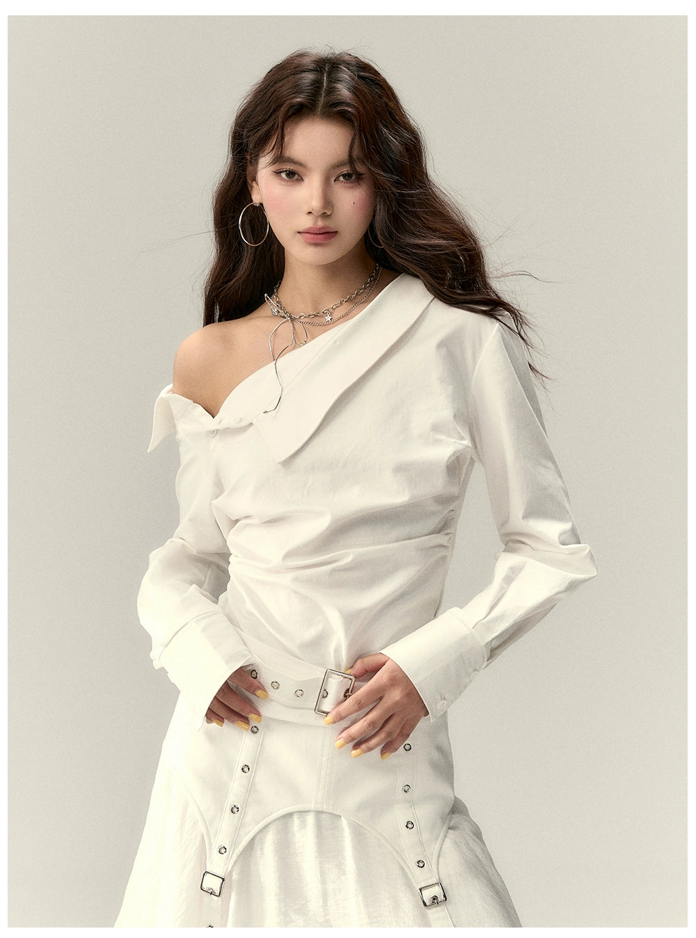 Off-Shoulder Pleated Waist Belt Short Shirt - CHINASQUAD