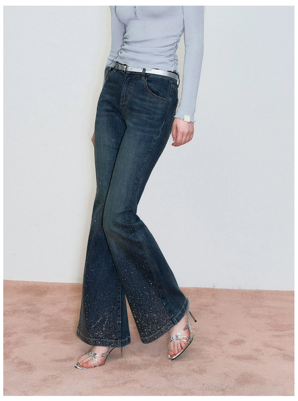 Vintage Rhinestone-Embellished Flared Denim Jeans