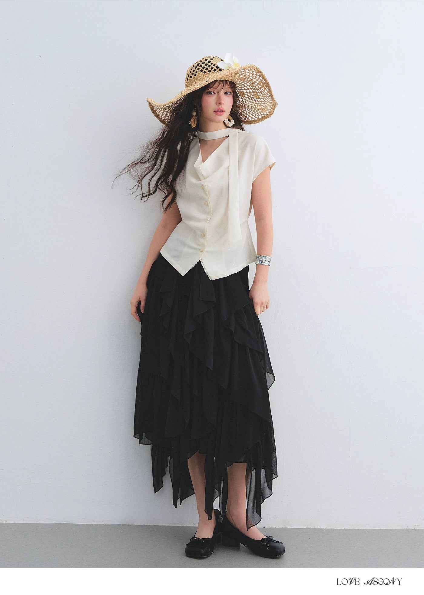 Asymmetric Ruffle Hem Chiffon Midi Skirt