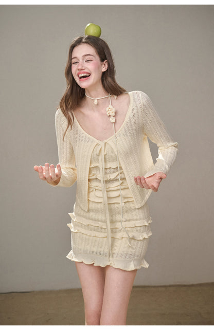 Hollow Out Cream Knit 3-Piece Set