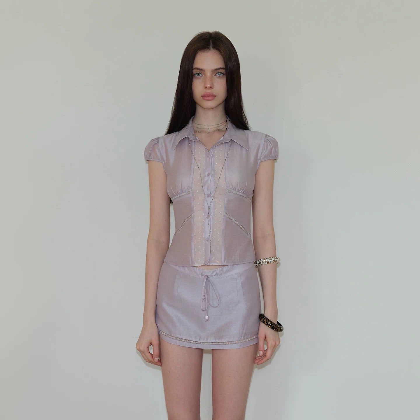 Lustrous Acetate Shirt &amp; Mini Skirt Set NeverMore