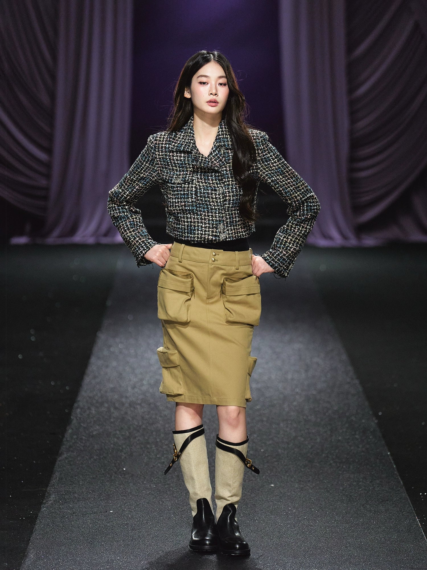 Khaki Utility Pocket Structured Midi Skirt
