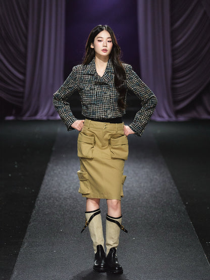 Khaki Utility Pocket Structured Midi Skirt