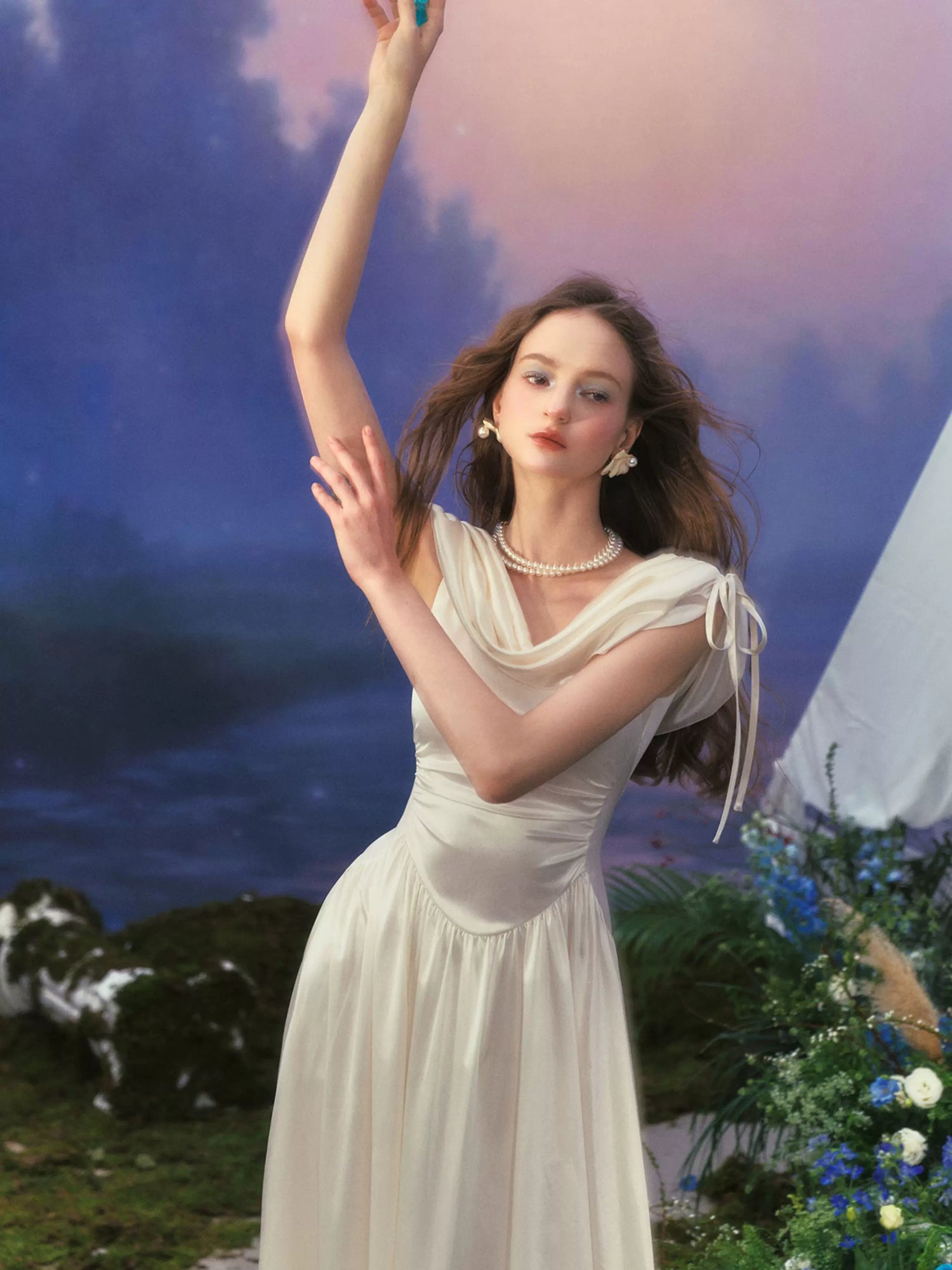 White French Court-Style Draped-Neck Dress