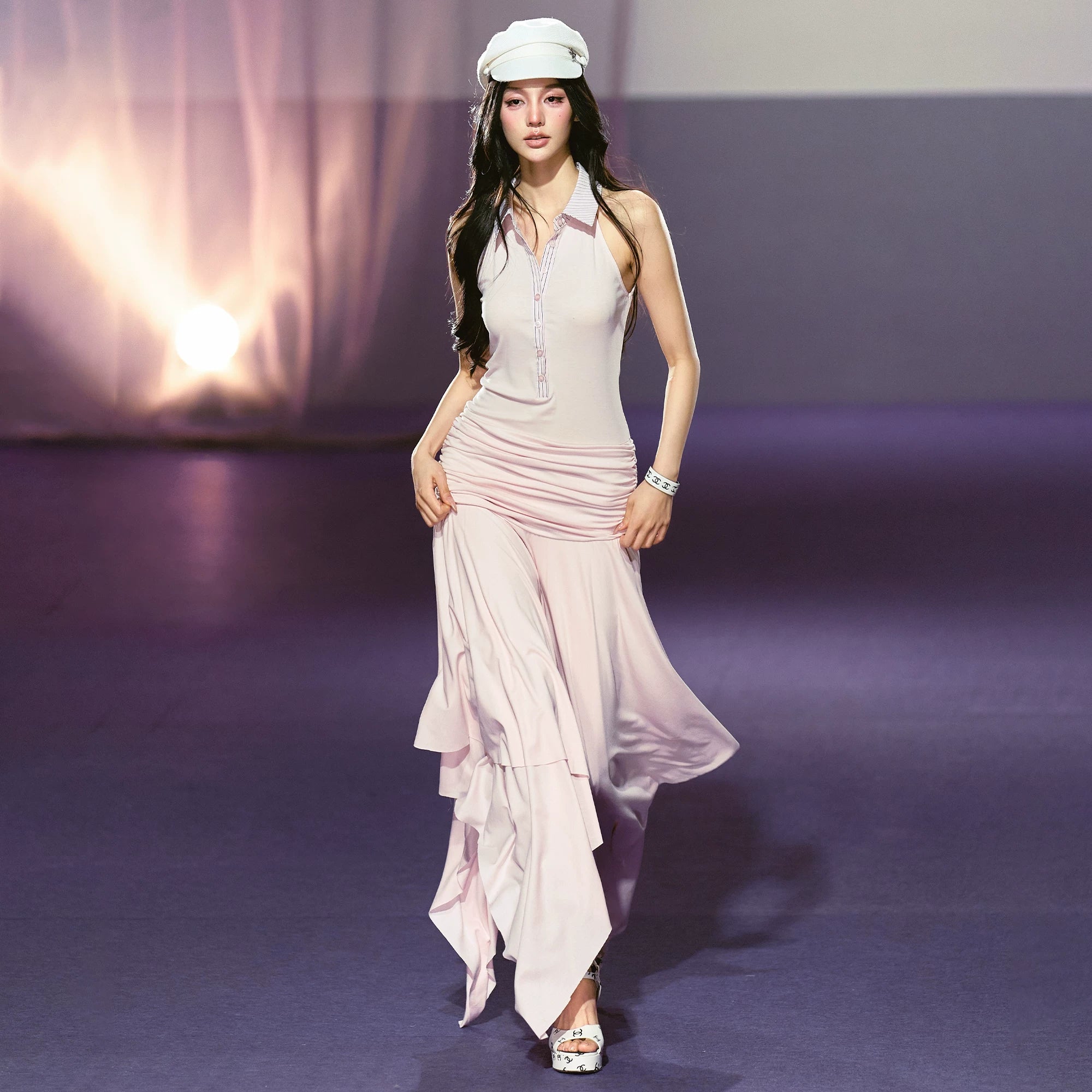 Vintage-Inspired Irregular Hem Shirt-Collar Sleeveless Maxi Dress