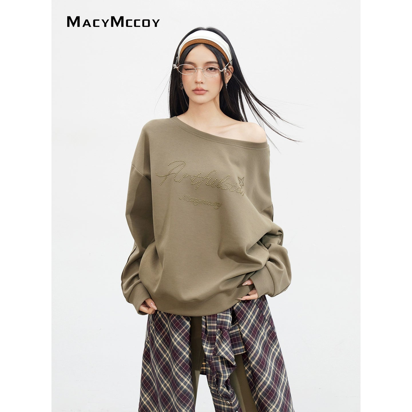 Studded Letter Off-Shoulder Sweatshirt