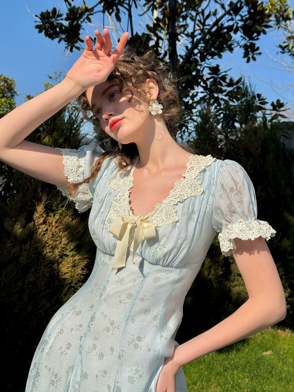 Fresh Baby Blue Lace Short-Sleeve Dress