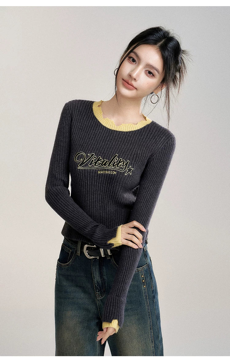 Gray Contrast Color Layered Knit Top