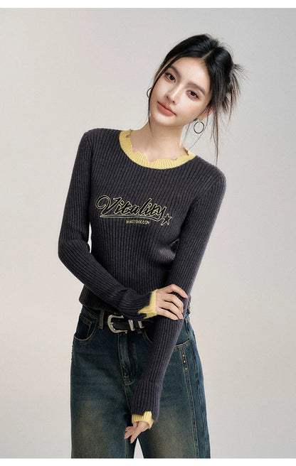 Gray Contrast Color Layered Knit Top