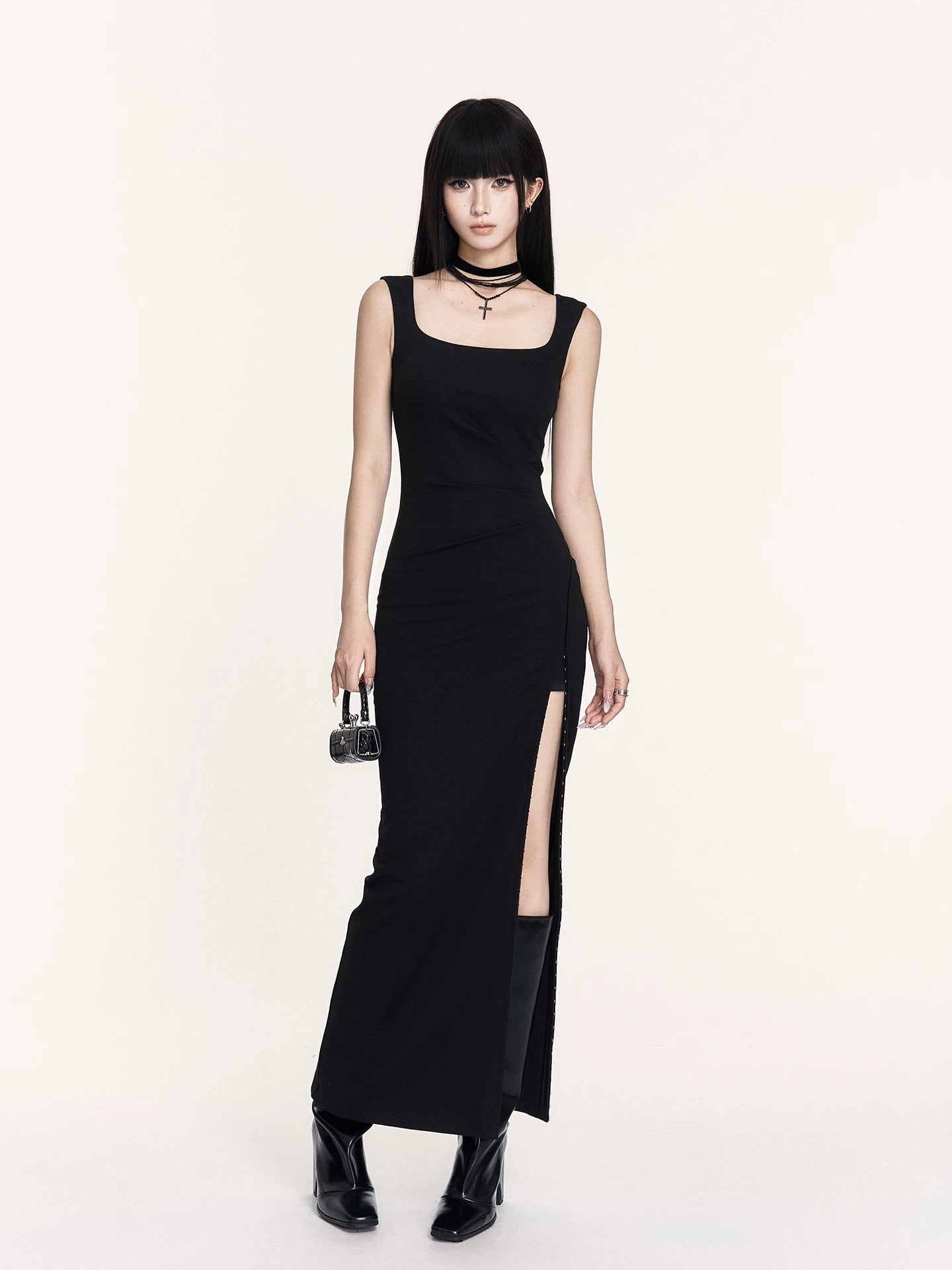 Waist-Cinching Little Black Maxi Dress