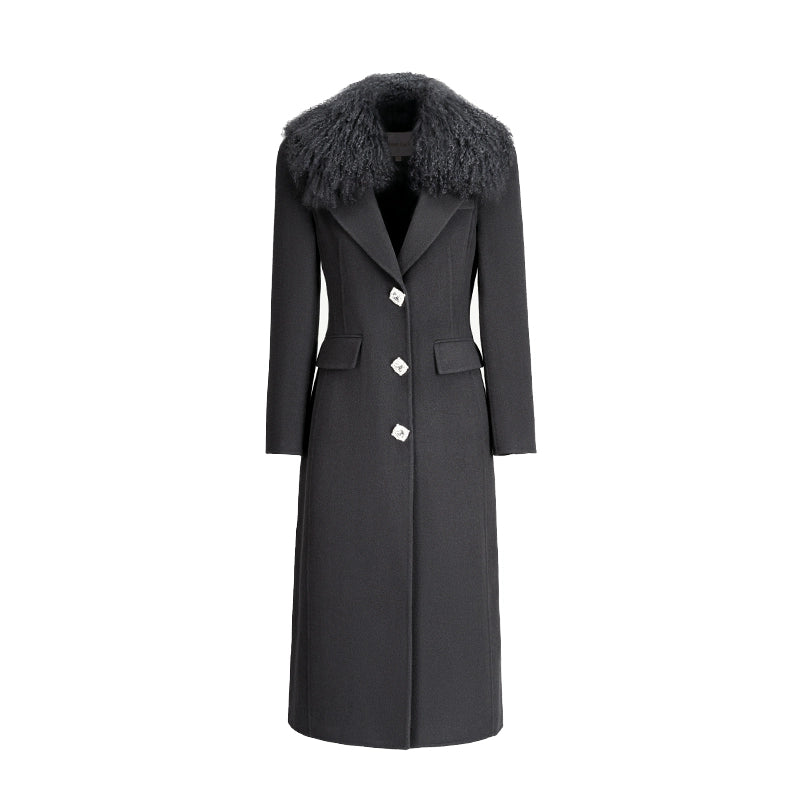 Nata Detachable Shearling Collar Wool Coat