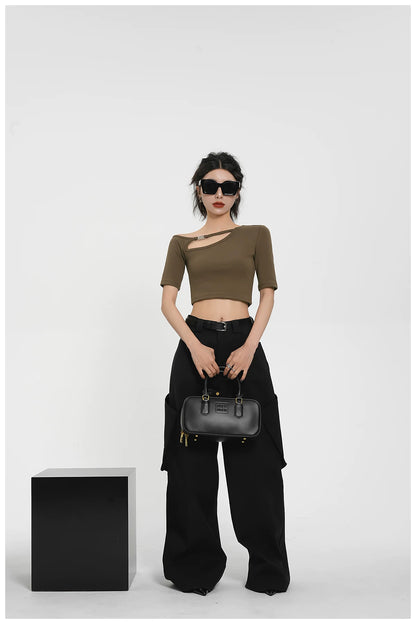 Asymmetric One-Shoulder Cropped Stretch T-Shirt