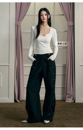 Black Bead-Embellished Wide-Leg Pants - CHINASQUAD