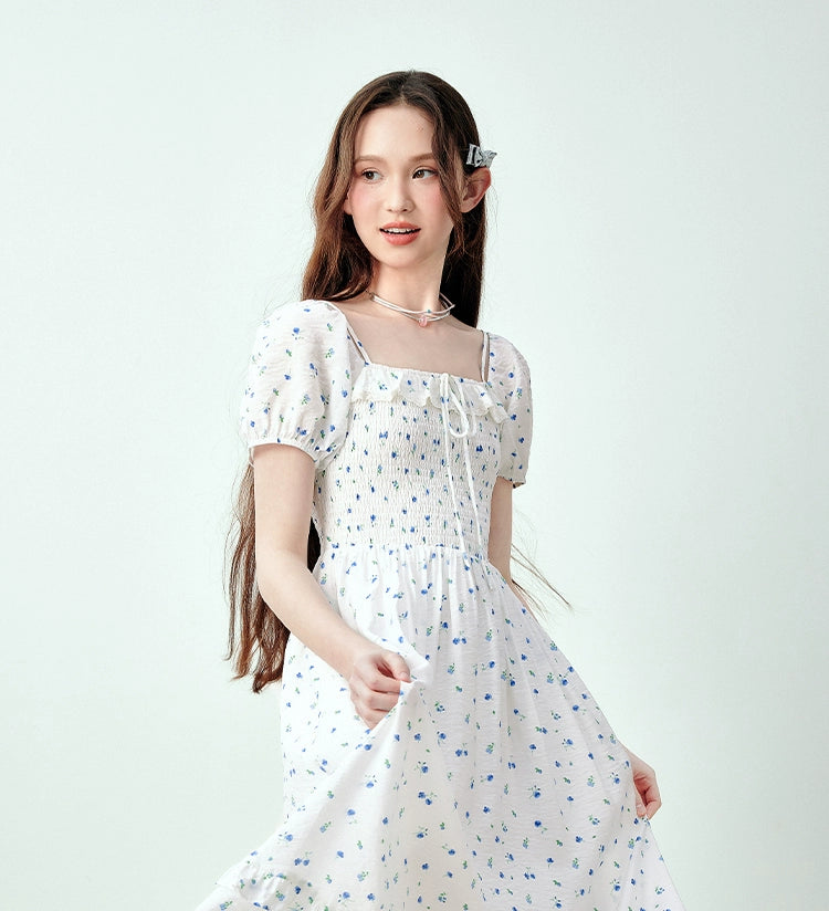 White Floral Puff Sleeve Square-neck Dress