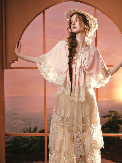 Peach Blossom Fan – French Lace V-Neck Blouse
