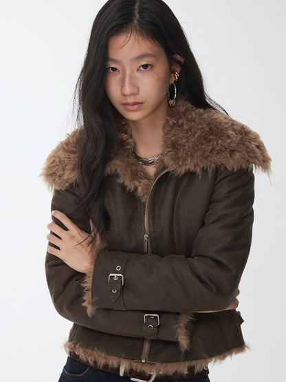 Faux Shearling-Lined Washed Leather Slim Jacket