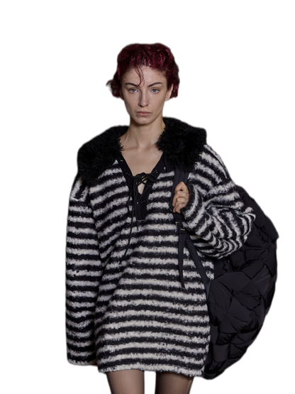 Detachable Collar Striped Knit Sweater