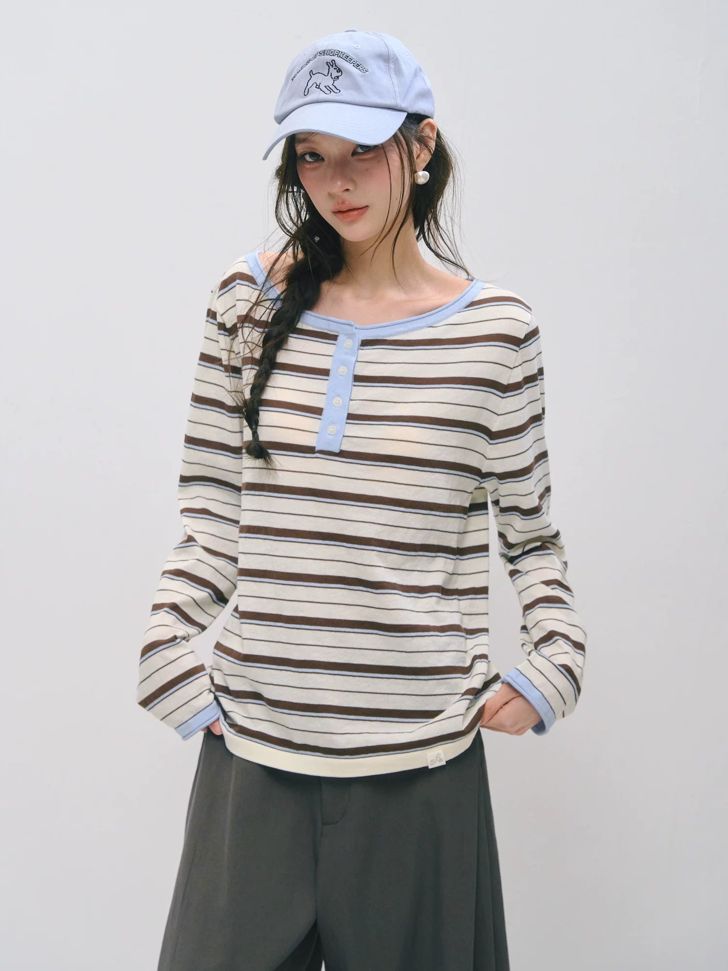 Relaxed Striped Henley Long Sleeve Top