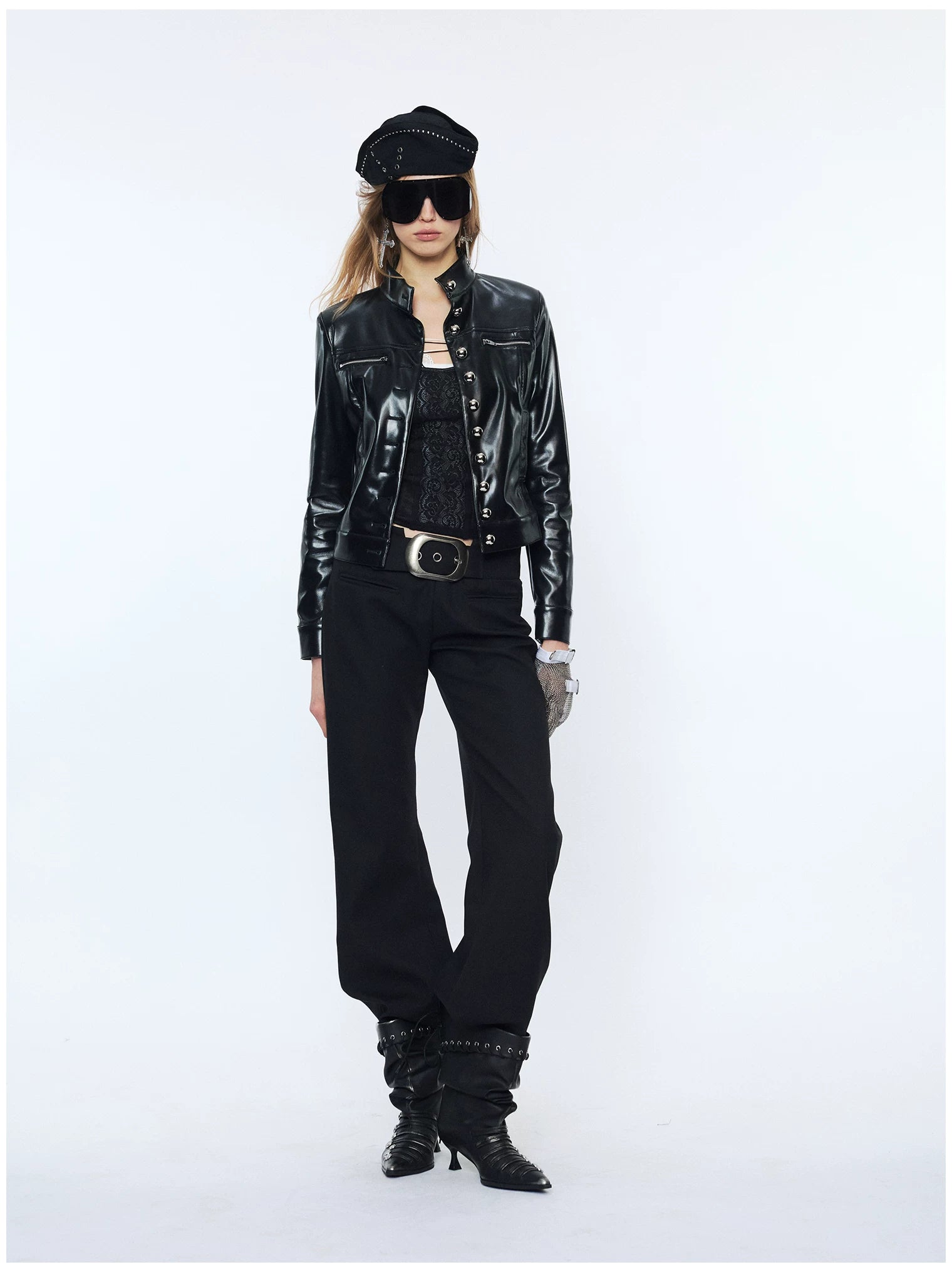 Punk Metal Button Waist-Cinched Faux Leather Jacket