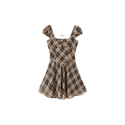 Vintage Plaid Puff Sleeve A-Line Mini Dress