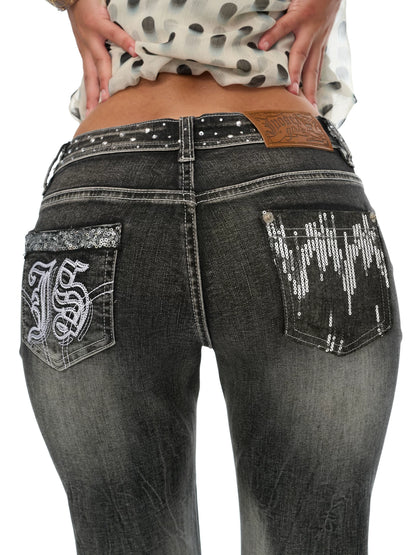 Vintage Embellished Flared Stretch Denim Jeans