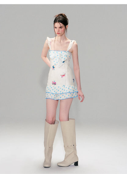Vintage Contrast Print Flutter Strap Mini Dress