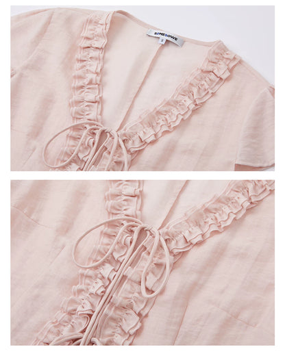 Soft Ruffle Trim V-Neck Cropped Blouse