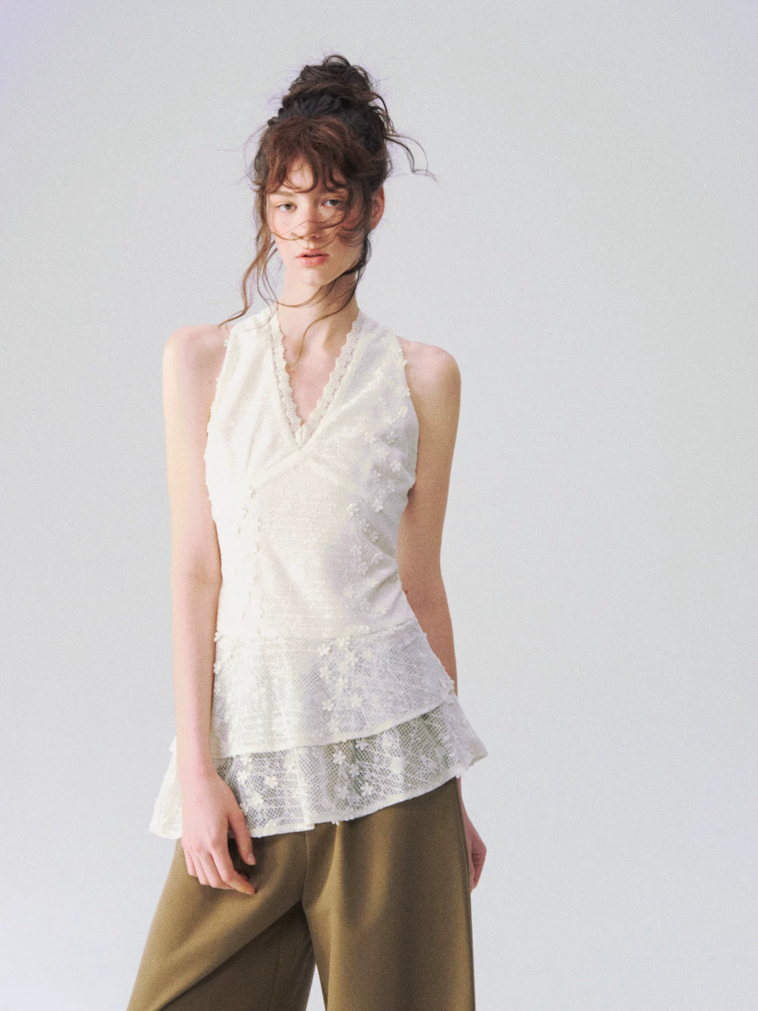 Jacquard Lace Halterneck V-Neck Tank Top